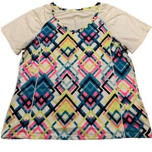 Neon Geometric Print Athleisure Top with White Sleeves - Size L